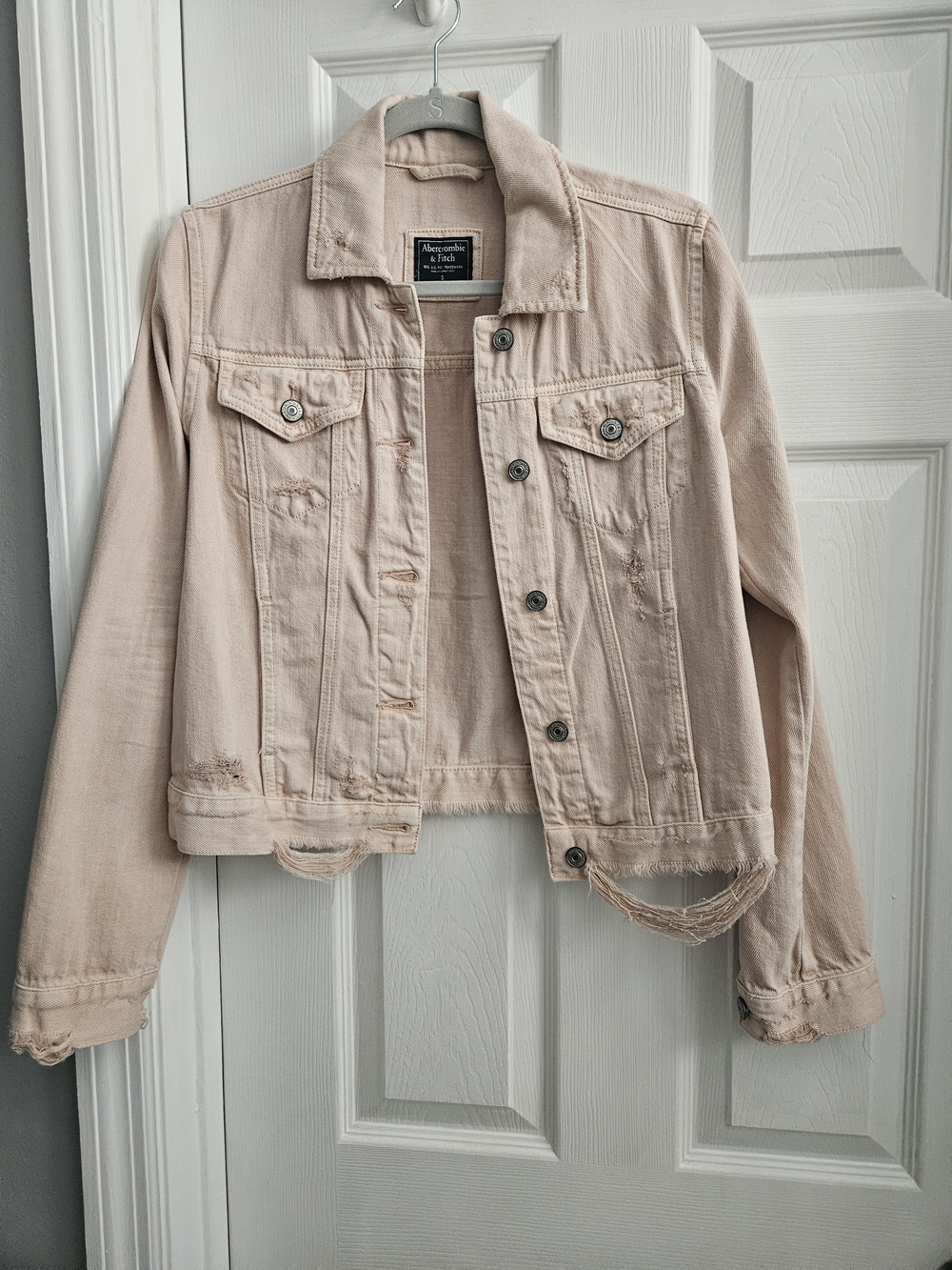 Abercrombie & Fitch Pale Pink Distressed Denim Jacket
